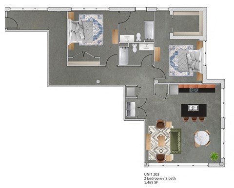 Floor plan for 2 beds, 2 baths, 1465 sqft